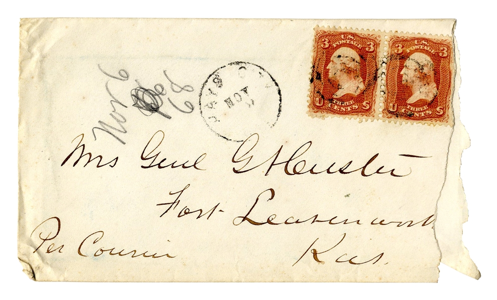 George Custer Envelope Made Out in His Hand to his Wife -- ''Mrs. Genl GA Custer''
