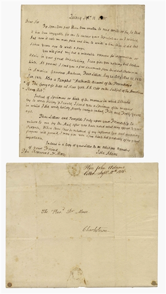 John Adams Autograph Letter Signed on the Stamp Act -- Adams Gives Documents and ''broken hints'' to Jedidiah Morse for ''Annals of the American Revolution'', on Events ''Five and Forty years ago''