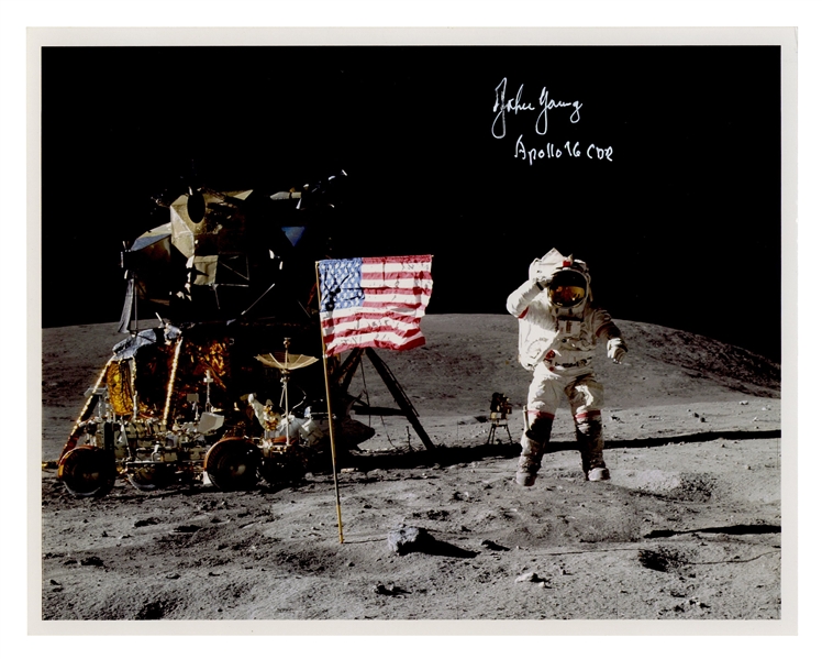 John Young Signed 10'' x 8'' Photo of Him Standing on the Moon -- With Steve Zarelli COA