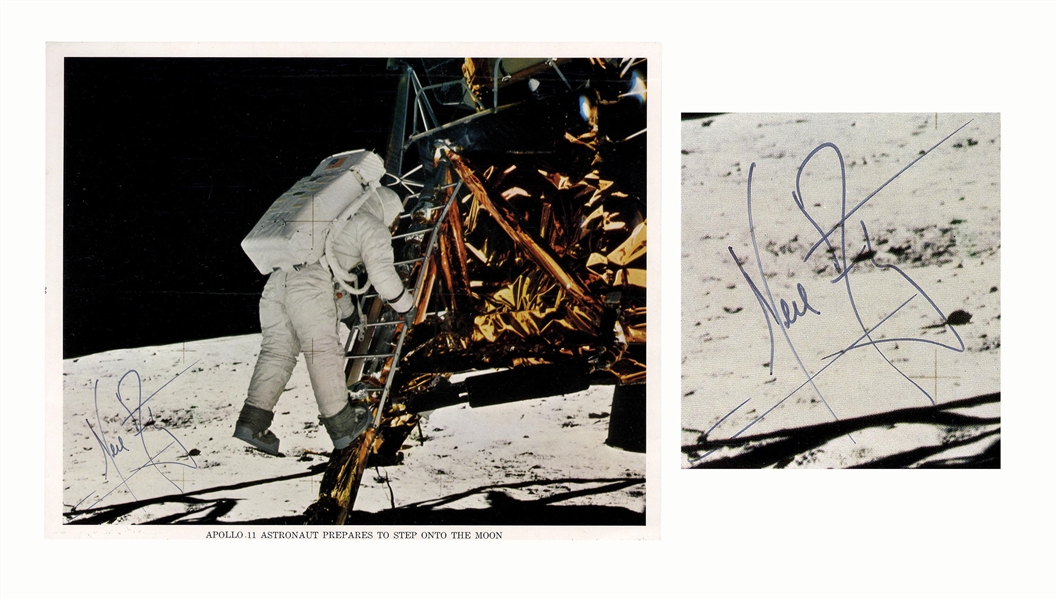 Neil Armstrong Signed 10'' x 8'' Photo Stepping Onto the Moon -- Uninscribed -- With Steve Zarelli COA