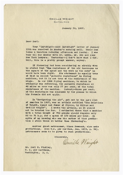 Orville Wright Letter Signed Regarding the 1908 Flyer & a Harvard Astronomer's Prediction That Planes Would Never Surpass Cars in Speed -- ''...Astronomers seem to be given to rash predictions...''