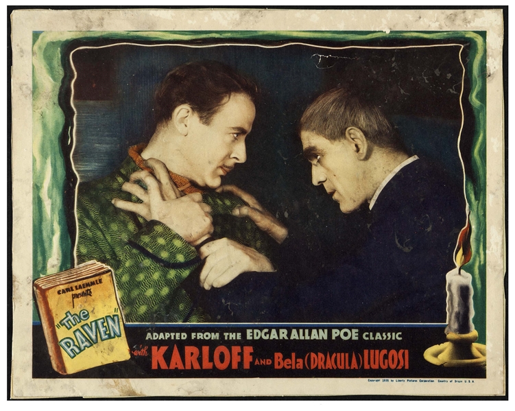 Edgar Allan Poe's ''The Raven'' Lobby Card From Universal's Classic 1935 Film Starring Horror Icons Boris Karloff & Bela Lugosi