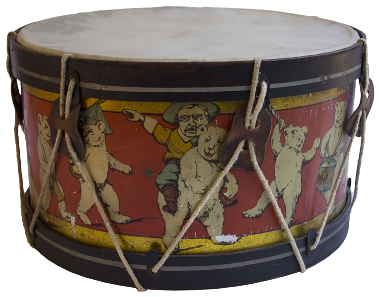 Rare Theodore Roosevelt Toy Teddy Bear Drum, Circa 1907