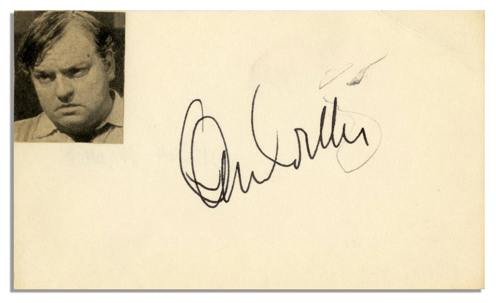 Orson Welles' Signature on a 5'' x 3'' Card With Welles' Photo Affixed -- Pencil Scratch, Else Near Fine
