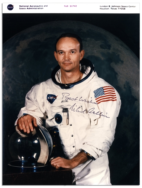 Michael Collins Signed NASA 8'' x 10'' Photo -- ''Best Wishes / Michael Collins'' -- With NASA Backstamp -- Near Fine