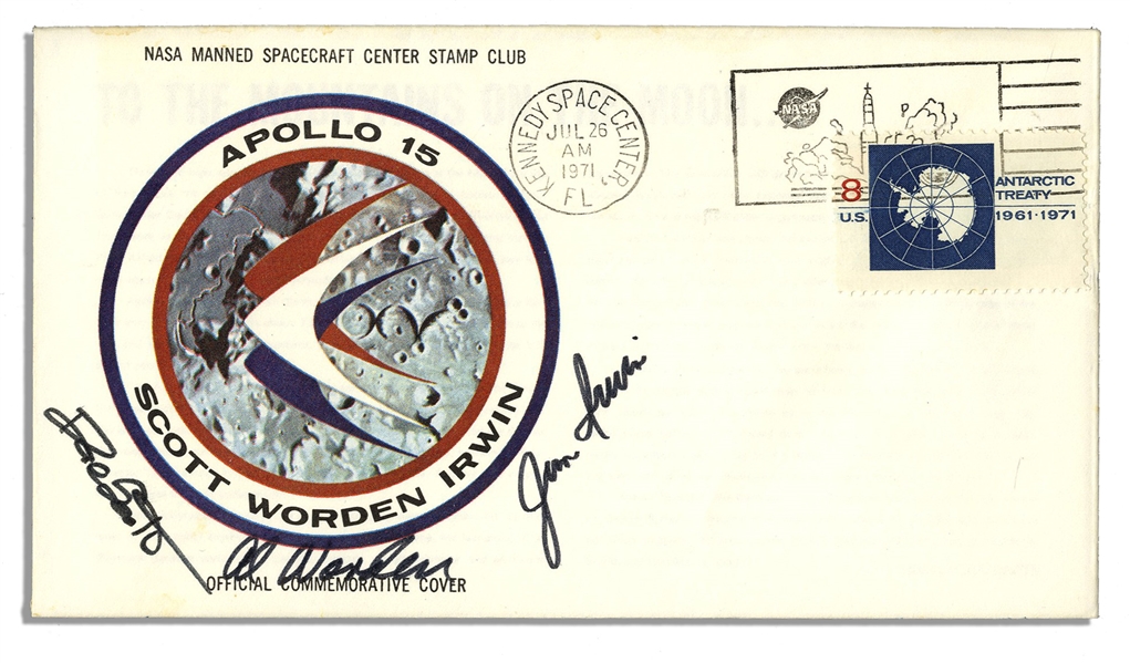 Apollo 15 Crew-Signed Astronaut Insurance Cover -- Signed ''Al Worden'', ''Dave Scott'' & ''Jim Irwin'' -- Cancelled 26 July 1971 -- 6.5'' x 3.75'' -- Near Fine -- With COA From Worden