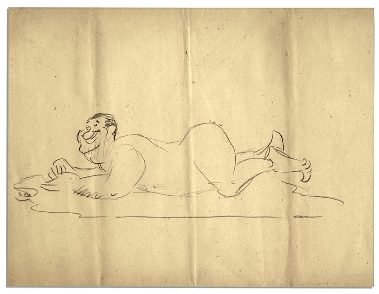 Al Capp Hand-Drawn Caricature Sketch of Himself Posing Nude on a Bear Rug