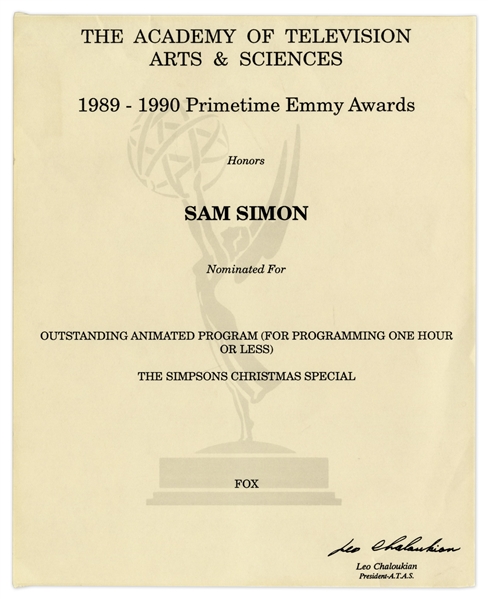 Emmy Nomination for ''The Simpsons Christmas Special'' Given to Sam Simon in 1990 -- From the Sam Simon Estate