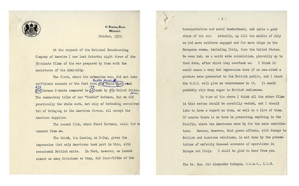 Winston Churchill Manuscript as Prime Minster -- Refuting an American Broadcast on the U.S.'s Importance in the WWII European Theater -- ''...we did practically the whole work...''