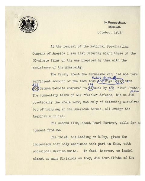 Winston Churchill Manuscript as Prime Minster -- Refuting an American Broadcast on the U.S.'s Importance in the WWII European Theater -- ''...we did practically the whole work...''