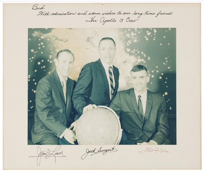 Apollo 13 Large 14'' x 11'' Color Photo, Crew-Signed on the Presentation Mat & Inscribed by Jack Swigert to Houston Oilers Owner Bud Adams