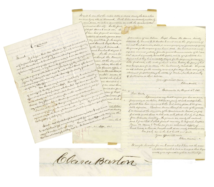 Fascinating Autograph Letter by Clara Barton Marked ''Confidential'' Regarding Missing Soldiers of the Civil War -- With a Report Signed Four Times by Barton Regarding the Andersonville Expedition