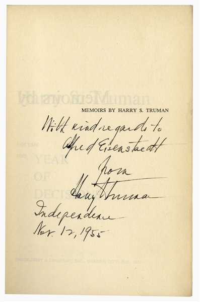 Harry Truman Signed ''Memoirs'' -- Inscribed to Photographer Extraordinaire Alfred Eisenstaedt