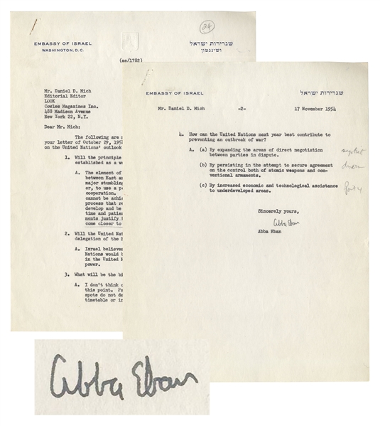Israeli Ambassador Abba Eban 1954 Letter Signed With Fantastic Content on Global Tensions & World Peace -- ''...The element of mistrust dominating the relationship between East and West...''