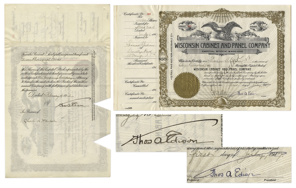 Thomas Edison Twice-Signed Stock Certificate