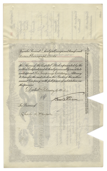 Thomas Edison Twice-Signed Stock Certificate