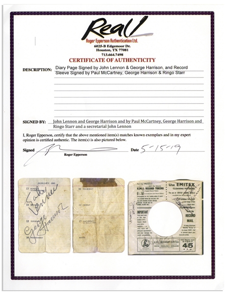 The Beatles Signed Items: Diary Page Signed by John Lennon & George Harrison, and Record Sleeve Signed by Paul McCartney, George Harrison & Ringo Starr -- With Roger Epperson COAs for All Signatures