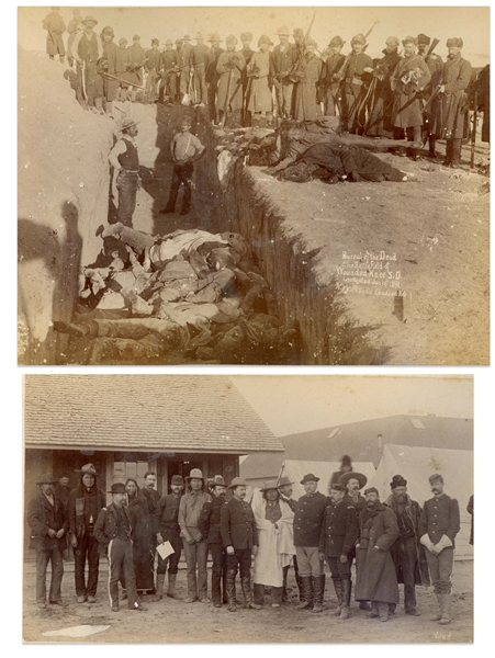 Two Original Sioux Photographs From 1891 -- One Photograph Shows Bureal of the Dead at the BattleField of Wounded Knee -- Other Photo Shows Lakota Sioux With Buffalo Bill Cody