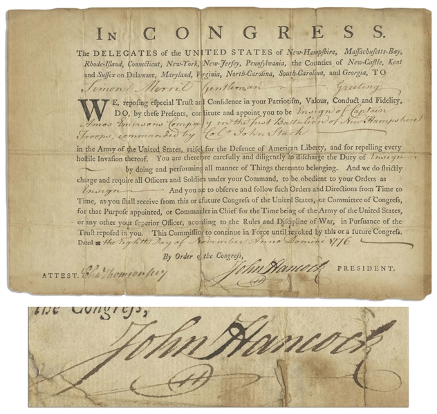 John Hancock Revolutionary War Military Appointment Signed in 1776 -- Hancock Appoints an Ensign to the Regiment of Colonel John Stark, The Hero of Bennington