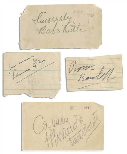 Large Signature by Babe Ruth -- Plus 30+ Baseball & Entertainment Autographs Including Edmund Gwenn, Boris Karloff, Carmen Miranda