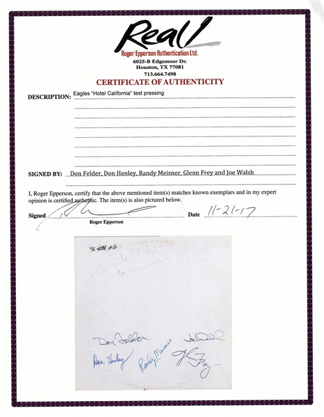 Eagles Signed ''Hotel California'' Test Pressing LP From 1976 -- With Roger Epperson COA for All 5 Signatures
