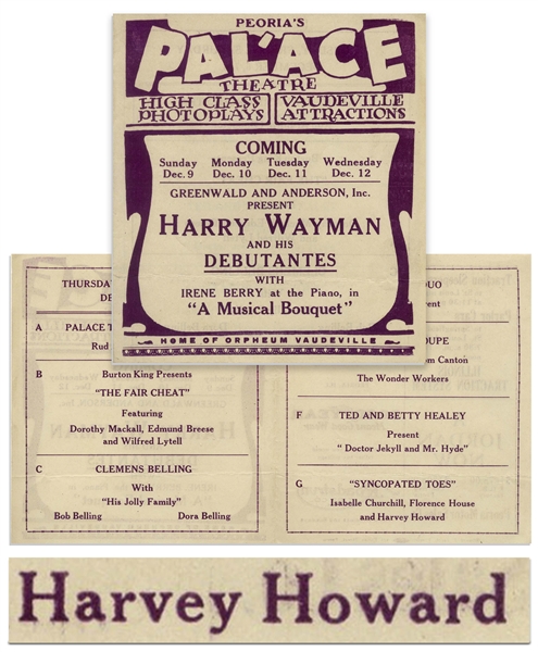 Very Rare 1923 Vaudeville Program With Moe Billed as Harvey Howard in the ''Syncopated Toes'', His Brief Act With Shemp and Ted Healy -- Program Also Lists an Act With Ted & Betty Healy