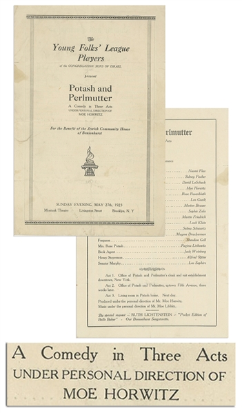 1923 Theater Program for ''Potash and Perlmutter'' Directed by ''Moe Horwitz'', Credited on Front of Program & Within -- Measures 6'' x 9'' -- Stain to Interior, Chip to Second Page, Overall Very Good
