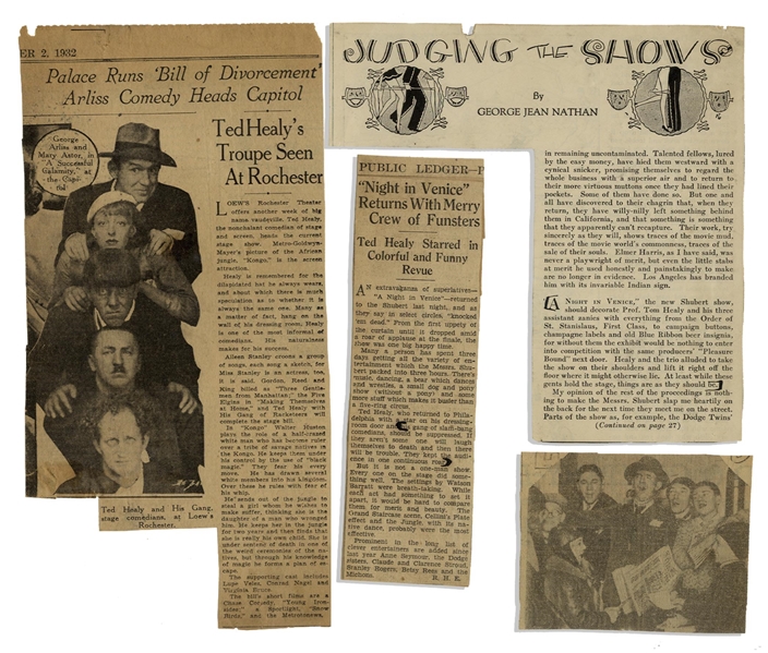 More Than 2 Dozen of Moe Howard's Newspaper Clippings From the Late 1920s & Early 1930s, Mostly Reviews of ''Night in Venice'' -- Plus Glossy 4'' x 5'' Photo of The 3 Stooges Marquee at the Orpheum