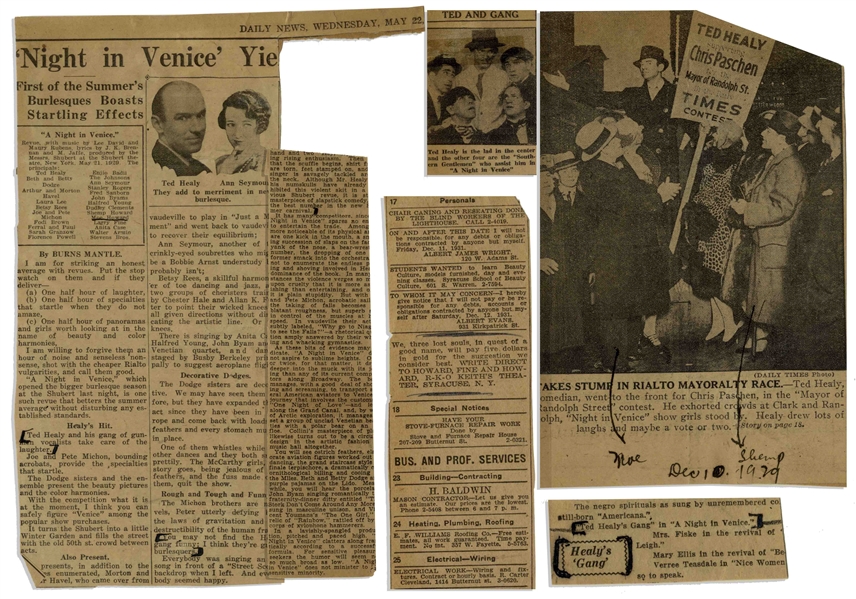 More Than 2 Dozen of Moe Howard's Newspaper Clippings From the Late 1920s & Early 1930s, Mostly Reviews of ''Night in Venice'' -- Plus Glossy 4'' x 5'' Photo of The 3 Stooges Marquee at the Orpheum
