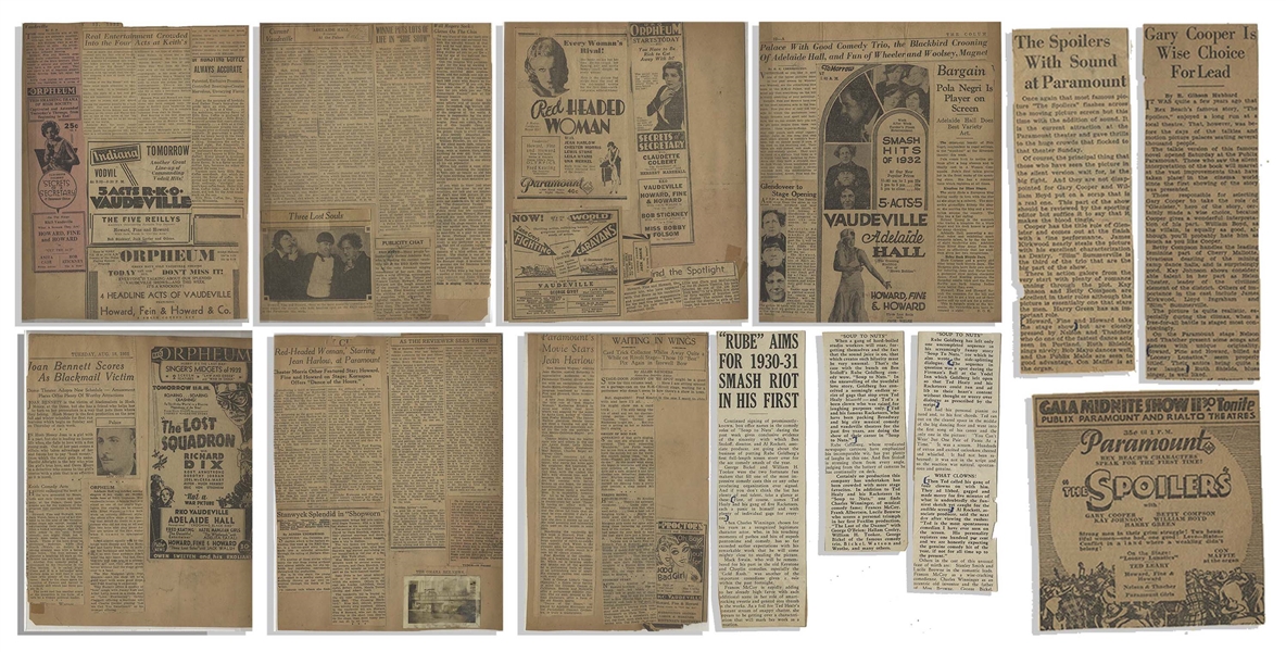 Moe Howard's Newspaper Clippings, From 1931-32 -- 50+ Clippings as the Vaudeville Act of Howard, Fine and Howard -- Very Good