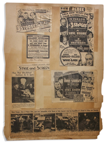 Ten 18'' x 24'' Scrapbook Pages With Moe's News Clippings From 1936-39, Including Their Reaction to Ted Healy's Death -- Also With 8'' x 10'' Photo of Moe -- Large Paper Loss to 1 Sheet, Overall Good