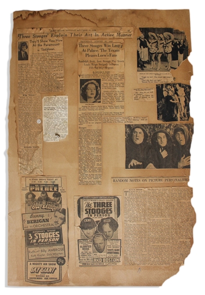 Ten 18'' x 24'' Scrapbook Pages With Moe's News Clippings From 1936-39, Including Their Reaction to Ted Healy's Death -- Also With 8'' x 10'' Photo of Moe -- Large Paper Loss to 1 Sheet, Overall Good
