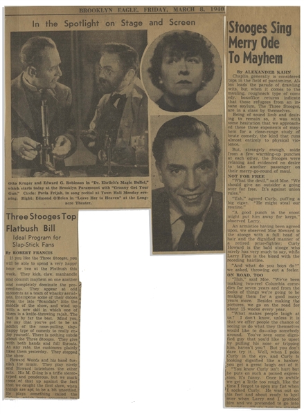 Approximately 80 of Moe Howard's Newspaper Clippings From His Scrapbook, During the 1940s -- Also With 3pp. of Notes From Scrapbook Cataloging Clips -- Very Good Condition