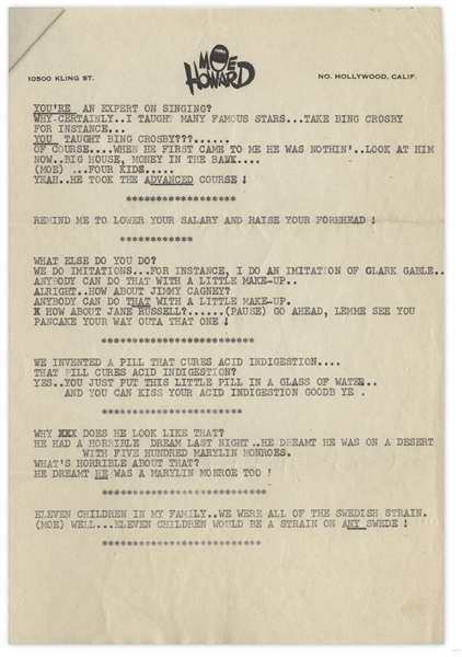 Moe Howard List of Jokes -- On Page of His 7.25'' x 10.5'' Stationery & Another on Partial 7.25'' x 3.75'' Stationery Page -- Rest on 3 Smaller Pieces of Paper, All Stapled Together -- Near Fine 