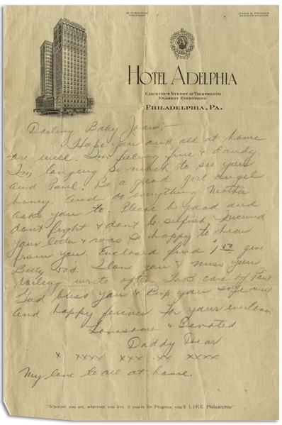 Moe Howard Autograph Letter Signed ''Daddy Dear'' to His Daughter, Circa Late 1930s on Philadelphia Hotel Stationery -- Single Page in Pencil Measures 7.25'' x 11'', Near Fine