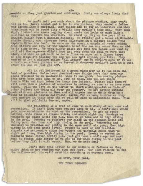 Very Funny Letter, Likely Template for a Fan Club Letter, Dated July 1934 -- The Three Stooges Tell Their Fans What Hollywood Is Like -- 2pp., 8.5 x 11 -- Chipping to Sides, Overall Very Good