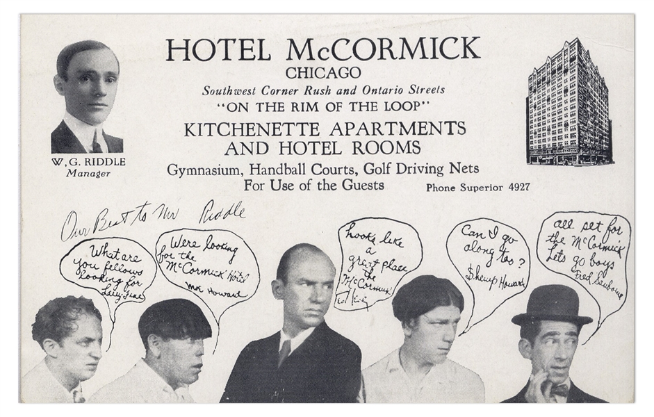 ''A Night in Venice'' Era Postcard, Circa 1929, Featuring Ted Healy With Moe, Larry, Shemp & Fred Sanborn -- 5.5'' x 3.5'' Postcard Promotes the Hotel McCormick in Chicago -- Near Fine