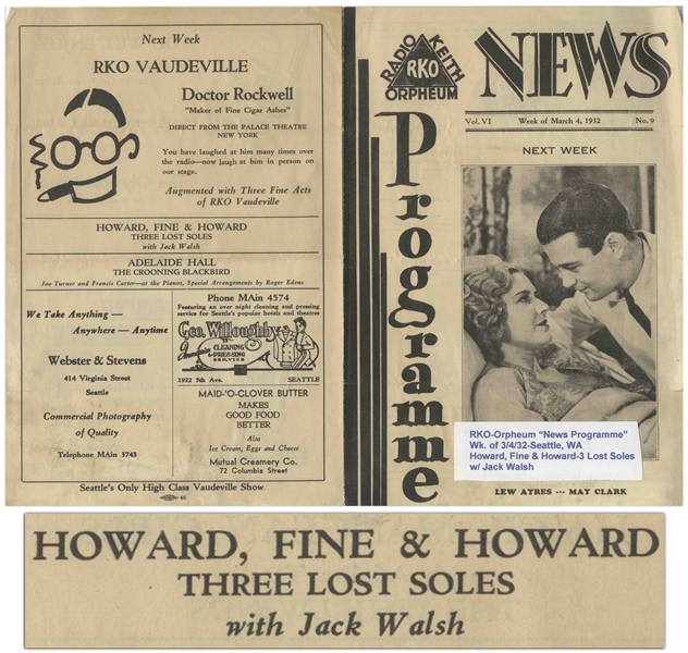March 1932 ''Coming Events'' Program for the RKO-Orpheum in Seattle That Debuted Howard, Fine & Howard ''Three Lost Soles'', Advertised on Back Cover -- 6'' x 9'' -- Sticker on Front, Else Very Good