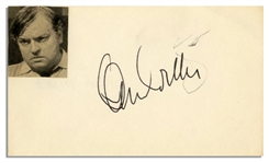 Orson Welles Signature on a 5 x 3 Card With Welles Photo Affixed -- Pencil Scratch, Else Near Fine