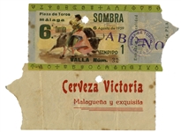 Ernest Hemingways Own Bullfighting Ticket From 6 August 1959 -- From the Plaza de Toros in Malaga, Spain -- Hemingway Wrote About the Bullfights of 1959 in His Final Book
