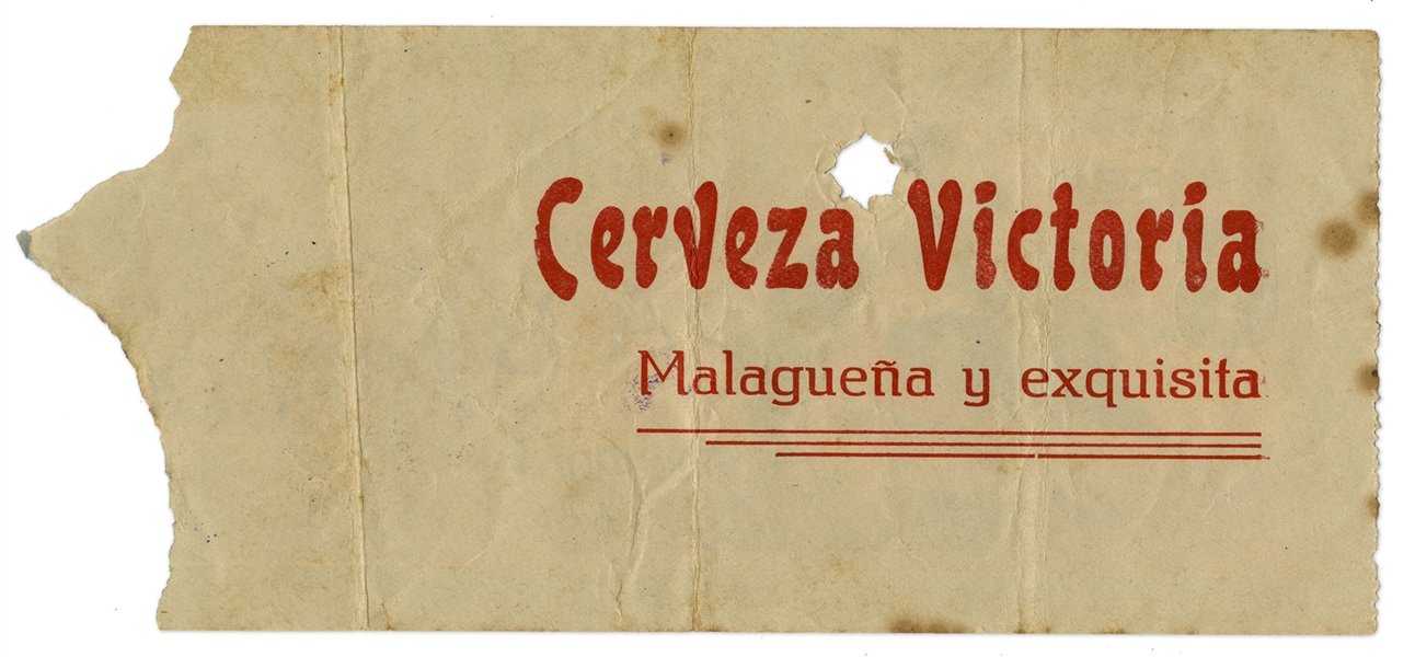 Ernest Hemingway's Own Bullfighting Ticket From 6 August 1959 -- From the ''Plaza de Toros'' in Malaga, Spain -- Hemingway Wrote About the Bullfights of 1959 in His Final Book