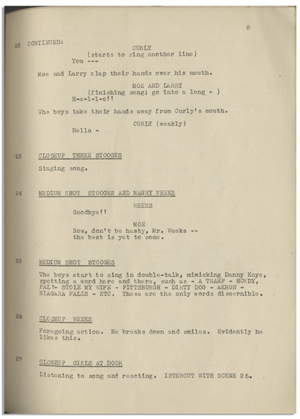 Moe Howard's 21pp. Script Dated May 1944 for The Three Stooges Film ''Gents Without Cents'', With Working Title ''Tenderized Hams'' -- Some Soiling to Cover, Very Good Condition