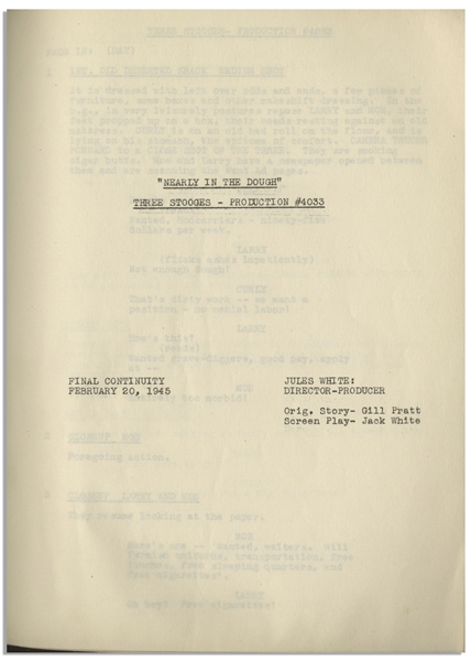 Moe Howard's 33pp. Script Dated February 1945 for The Three Stooges Film ''If a Body Meets a Body'', With Working Title ''Nearly in the Dough'' -- Very Good Condition