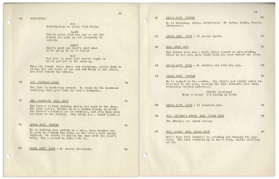 Moe Howard's 29pp. Script Dated December 1946 for The Three Stooges Film ''Hold That Lion!'' -- Only Film Starring 4 Stooges With Curly Making a Cameo on Page 19 as Snoring Passenger -- Very Good