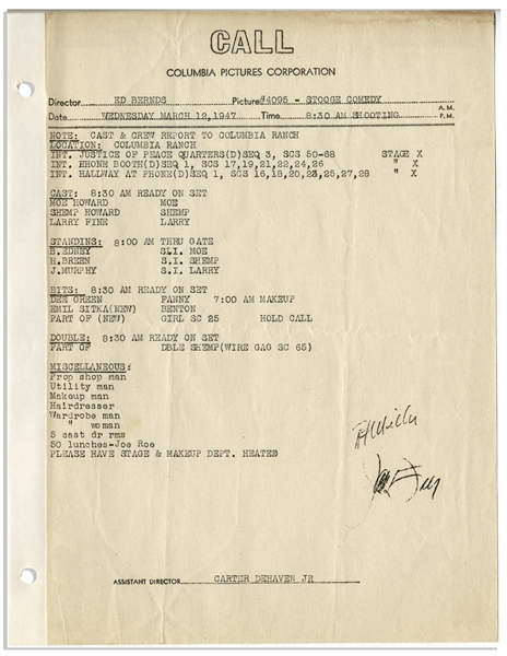 Moe Howard's 30pp. Script Dated February 1947 for The Three Stooges Film ''Brideless Groom'' -- With Call Sheet -- Very Good Condition