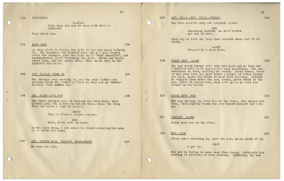 Moe Howard's 25pp. Script Dated May 1947 for The 1948 Three Stooges Film ''Fiddlers Three'' -- With Annotations in Moe's Hand, Call Sheet & 2 Additional Pages of Script Changes -- Very Good Condition