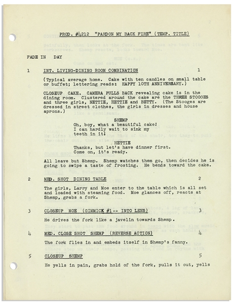 Moe Howard's 22pp. Script Dated June 1953 for The Three Stooges Film ''Pardon My Backfire'' -- With Annotations in Moe's Hand Including His Signatures & Extra 2pp. Shot List -- Very Good Condition