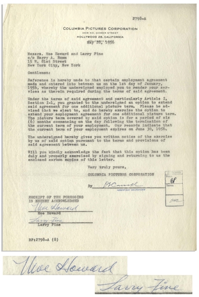 Moe Howard & Larry Fine Signed Agreement With Columbia Pictures, Dated 28 May 1956 After Shemp's Death -- Moe & Larry Agree to Extend Their Employment With Columbia -- 8.5 x 11, Near Fine