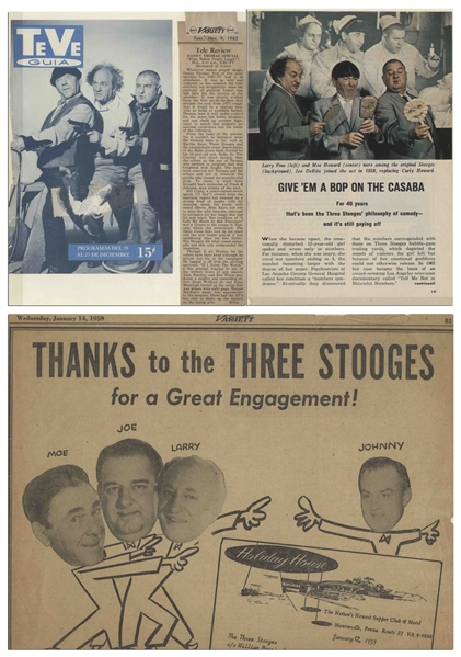 Lot of Three Binders With Over 225 Sleeves of Moe's Three Stooges News Clippings, Along With Programs & Adverts of Their Appearances, From the Curly Joe Era -- Some Notated by Moe -- Very Good Plus