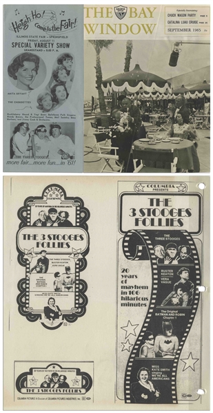 Lot of Three Binders With Over 225 Sleeves of Moe's Three Stooges News Clippings, Along With Programs & Adverts of Their Appearances, From the Curly Joe Era -- Some Notated by Moe -- Very Good Plus
